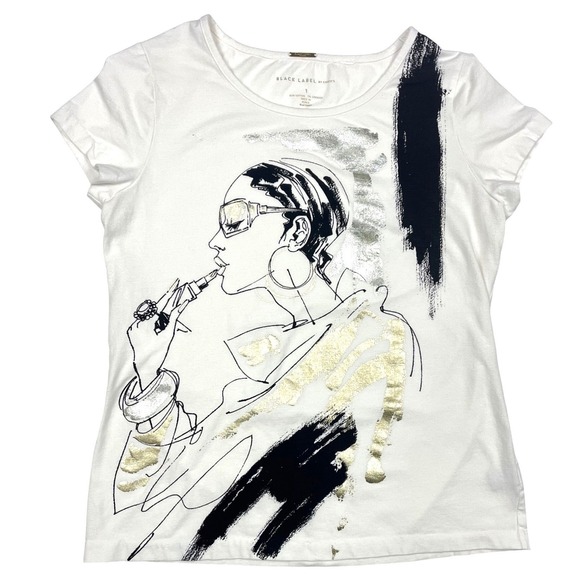Chico's Tops - Chico's Black Label White Graphic T-Shirt Metallic Gold Silver Foil Woman Size 1